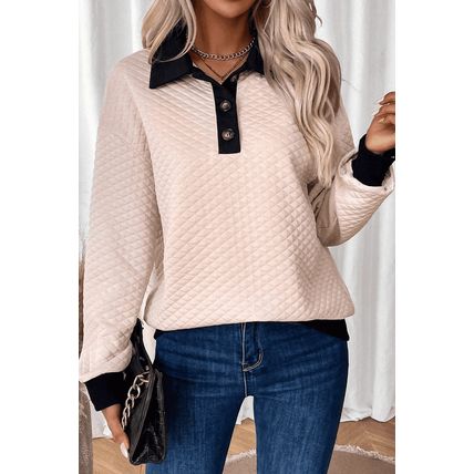 Oatmeal Textured Colorblock Edge Buttoned Collar Sweatshirt