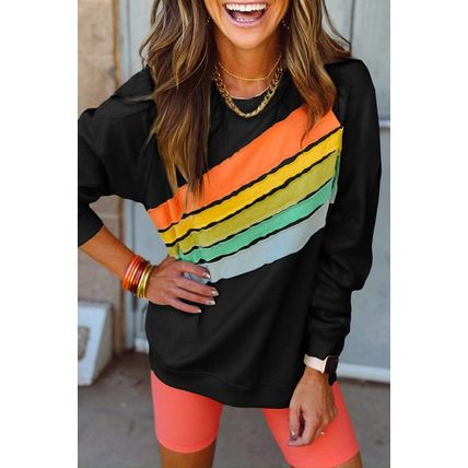 Black Rainbow Colorblock Striped Pullover Sweatshirt