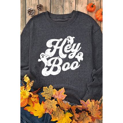 Gray Corded Hey Boo Ghost Graphic Drop Shoulder Halloween Sweatshirt