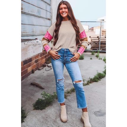 Simply Taupe Colorblock Exposed Seam Round Neck Sweater