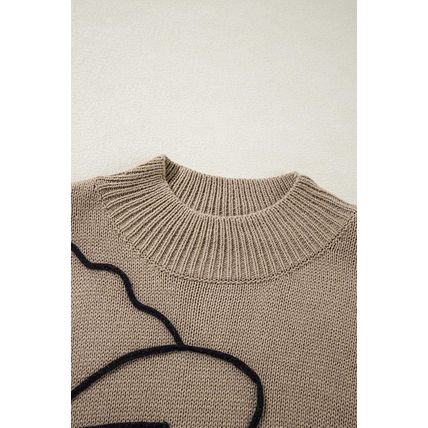 Dark Khaki Plus Size Big Flower Pattern High Neck Drop Shoulder Sweater