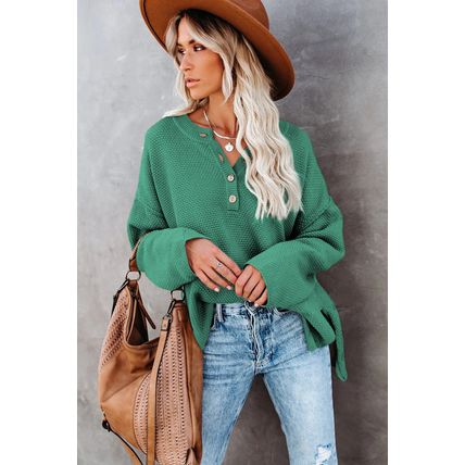 Green-2 Henley Pullover Drop Shoulder Sweater with Slits
