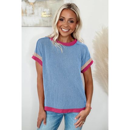 Sky Blue Textured Contrast Trim Round Neck T Shirt