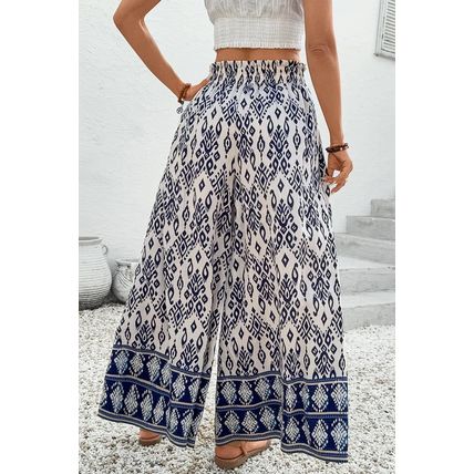 Blue Boho Pattern Print High Waist Wide Leg Loose Pants