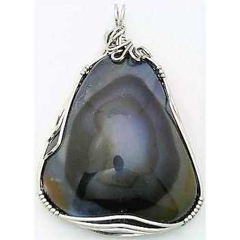 Blue Black Chalcedony Stainless Wire Wrap Gemstone Pendant 50
