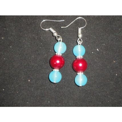 Frosted round sky blue over round solid pearl red glass dangle earrings