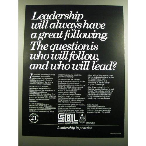 1986 SBL School of Business Leadership University of South Africa Ad