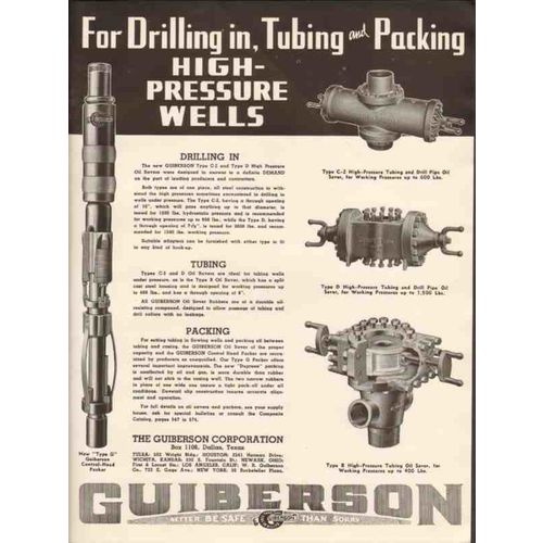 GUIBERSON CORP 1936 drill tube pack high-pressure oil wells vintage ad