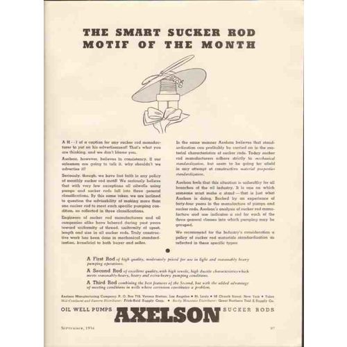 AXELSON MFG COMPANY 1936 smart sucker rod motif oil pumps vintage ad