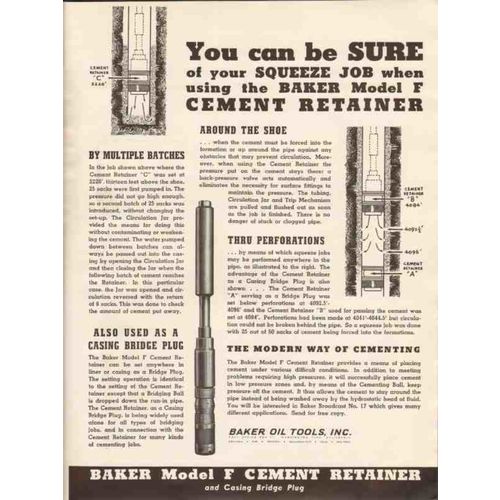 BAKER OIL TOOLS INC 1936 Sure squeeze job cement retainer vintage ad