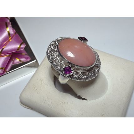 Estate 18X13mm Oval Rhodochrosite &Garnet Sterling Silver Basket Weave Ring16012