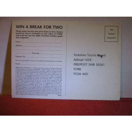YORKSHIRE TOURIST BOARD, 2005 unused PRIZE DRAW postcard #