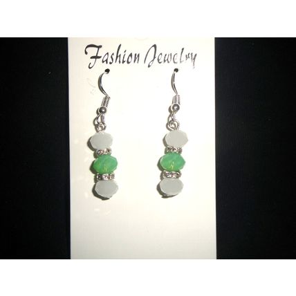 Distinctive cloudy white & green with clear rhinestone SP drop earrings