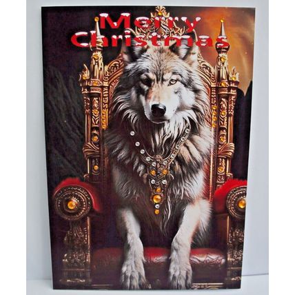 WOLF ON A RED & GOLD THRONE CHRISTMAS CARD AS IT IS OR PERSONALISED & DECORATED