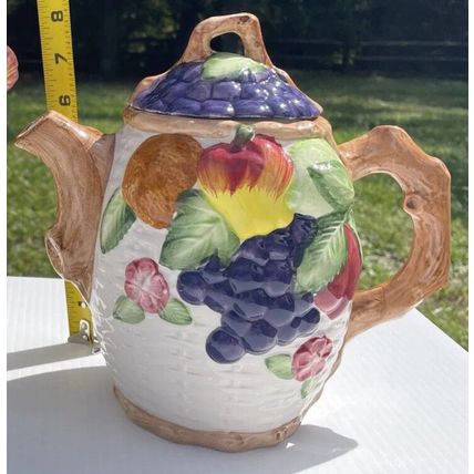 Fruit/ Floral Teapot Coffee Pot, Decor Basket Weave Look, Stem Handle 8in Tall