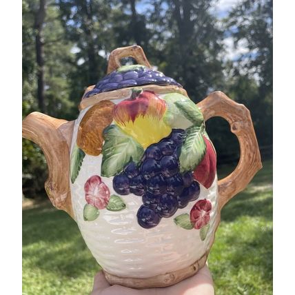 Fruit/ Floral Teapot Coffee Pot, Decor Basket Weave Look, Stem Handle 8in Tall