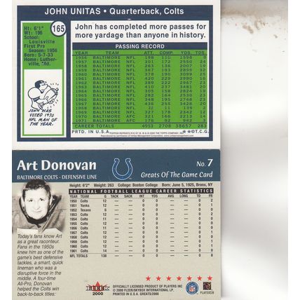 JOHNNY UNITAS & ART DONOVAN AUTO 2000 BALTIMORE COLTS HOF SUPER BOWL CHAMPIONS