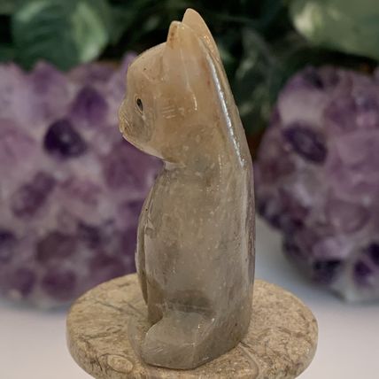 Soapstone Cat Figurine Crystal Carving Sitting Kitty Pet Figure Yellow Eyes 2.2"