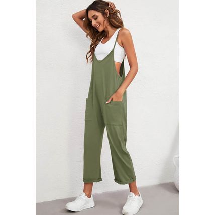 Green Pocketed Adjustable Spaghetti Strap Straight Leg Jumpsuit