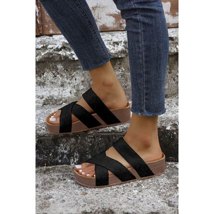 Black Linen Woven Cross Criss Hollowed Slip-On Slippers