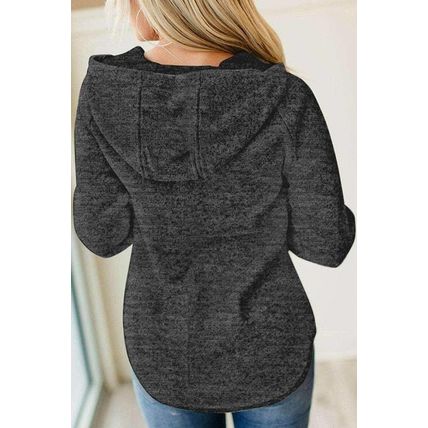 Black Heathered Print Button Snap Neck Pullover Hoodie