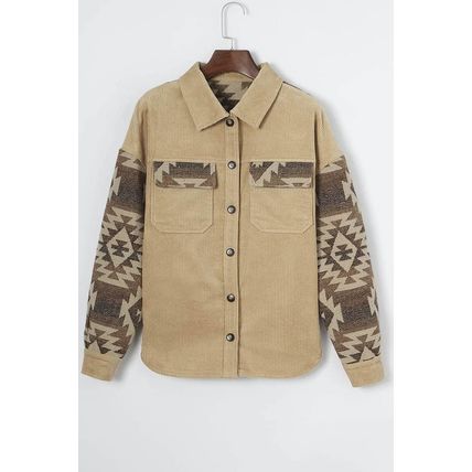 Khaki Aztec Print Patchwork Frayed Edge Corduroy Jacket