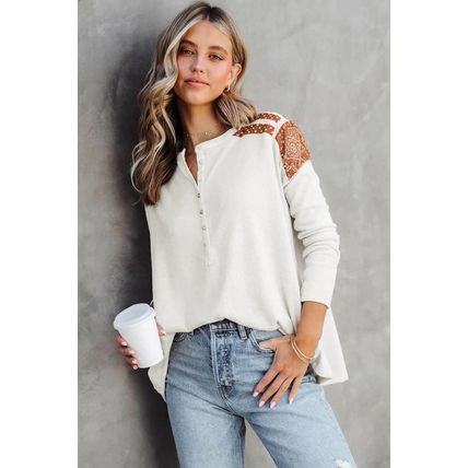 White Contrast Crochet Lace Henley Top