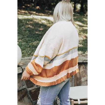 Beige Plus Size Striped Print Open Front Cardigan