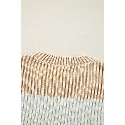 Brown Colorblock Textured Knit Bubble Sleeve Sweater