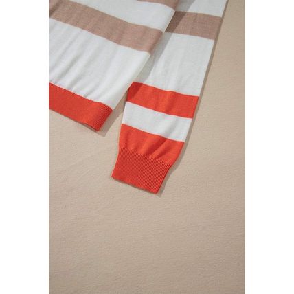 Apricot Colorblock Striped Round Neck Drop Shoulder Sweater