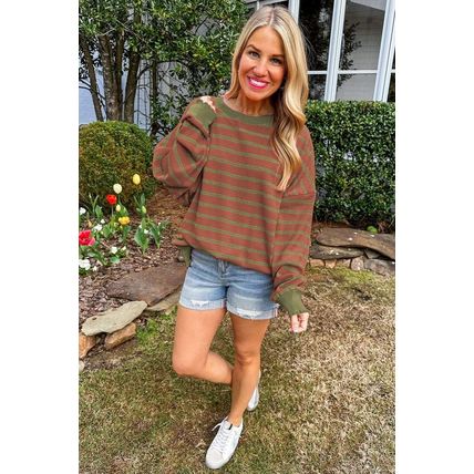 Brown Stripe Trimmed Round Neck Drop Shoulder Loose Sweater