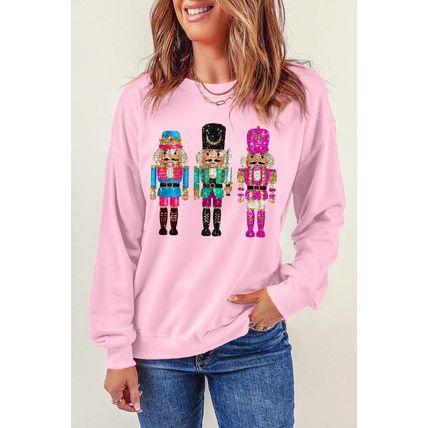 Pink Cute Nutcracker Printed Drop Shoulder Christmas Sweatshirt