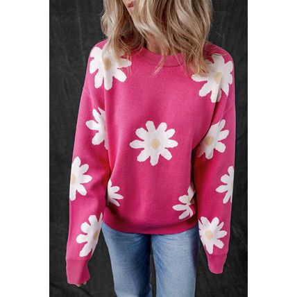 Bright Pink Daisy Flower Crew Neck Long Sleeve Sweater