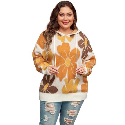 White Large Flower Knitted Drawstring Hooded Plus Size Sweater