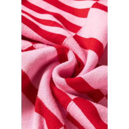 Pink Stripe Bubble Sleeve Drop Shoulder Ribbed Trim Sweater