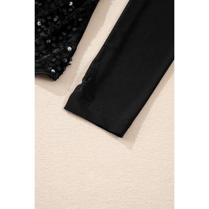 Black Sequin Velvet Sheer Mesh Mock Neck Blouse