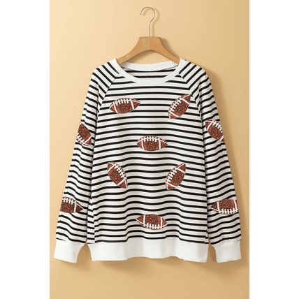 Black Stripe Sequin Rugby Football Side Slits Oversized Sweatshirt