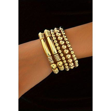 Gold Layered Plated Alloy Beaded Elastic Bracelet Set