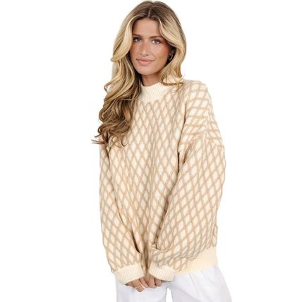 Oatmeal Diamond Knit Drop Shoulder Loose Sweater