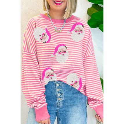 Pink Stripe Santa Clause Print Drop Shoulder Long Sleeve Loose Top