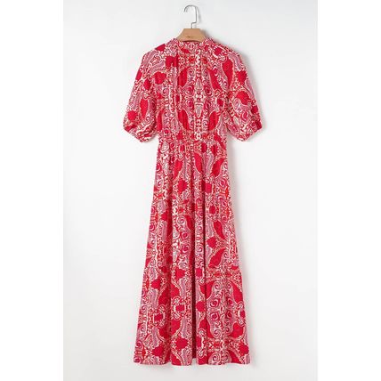Red Paisley Print Side Slit Puff Sleeve High Waist Maxi Dress