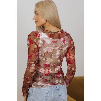 Red Floral Print Sheer Mesh Long Sleeve Top