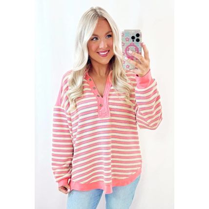 Pink Stripe Buttoned V Neck Collared Drop Shoulder Top