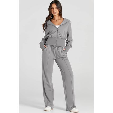 Gray Double Zipper Hooded Jacket and Sweatpants Active Set