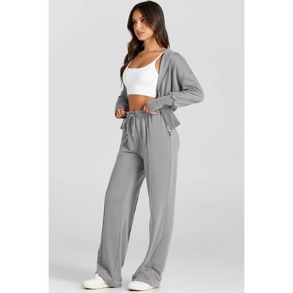 Gray Double Zipper Hooded Jacket and Sweatpants Active Set