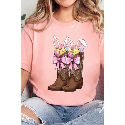 Pink Easter Eggs Bunny Ear Bow Boots Printed Tee