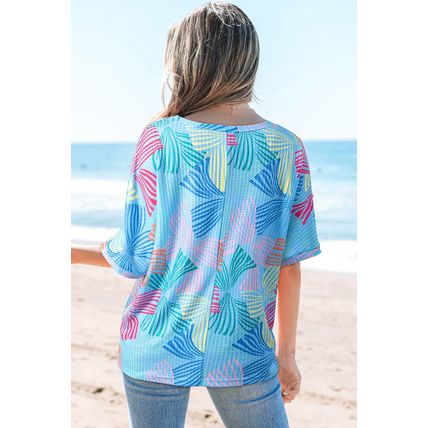 Sky Blue Bowknot Printed Waffle Crewneck Loose Short Sleeve Top