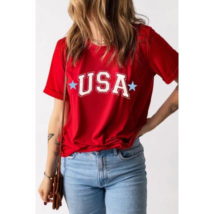 Red Star USA Print Crewneck Patriotic T Shirt