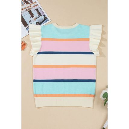 Multicolour Striped Color Block Flutter Sleeve Patchwork Sweater Top