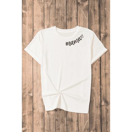 White mama Heart Embroidered Crew Neck T Shirt
